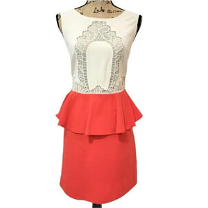 BAR III Women's Peplum Knit Lace Career Dress Orange and Cream Size Large